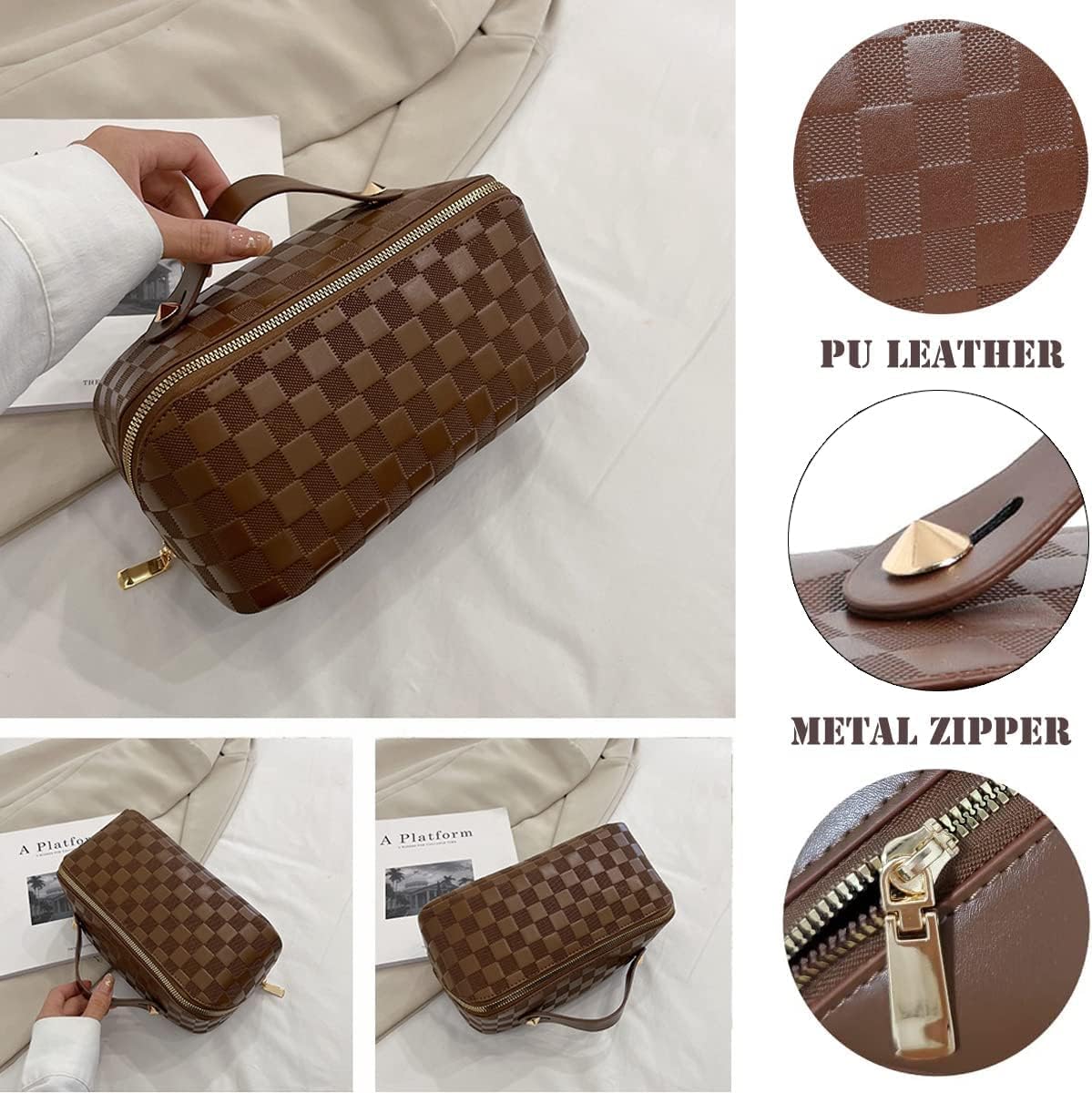 Large Opening Travel Makeup Bag - Portable PU Leather Cosmetic Organizer for Women, Opens Flat for Easy Access, Toiletry Bag (Brown) - Image 2