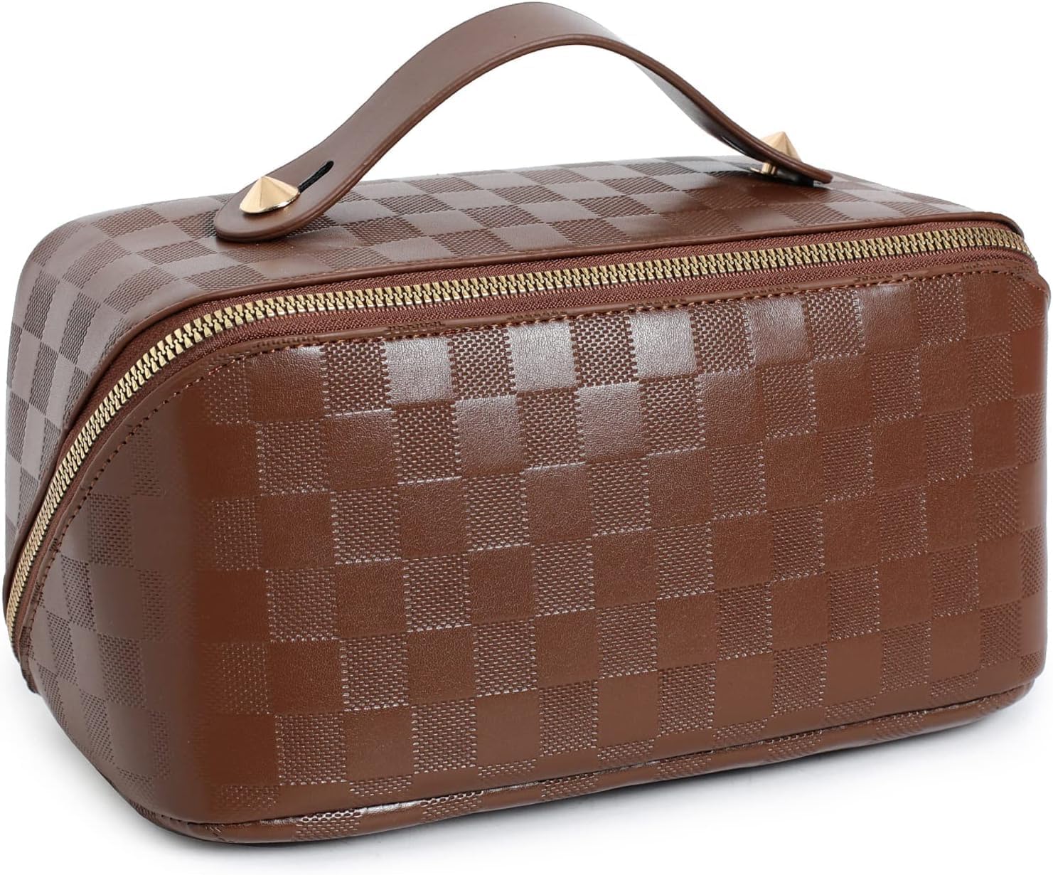 Large Opening Travel Makeup Bag - Portable PU Leather Cosmetic Organizer for Women, Opens Flat for Easy Access, Toiletry Bag (Brown)