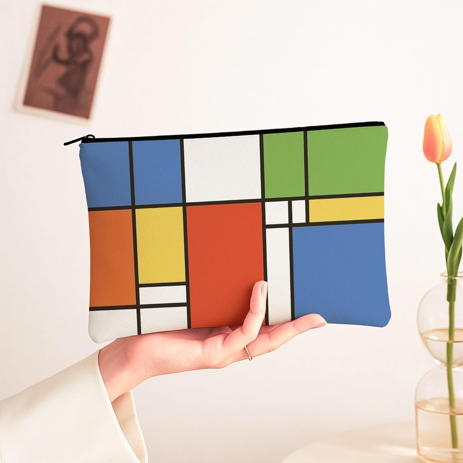 Geometric Makeup Bag, Colorful Abstract Cosmetic Travel Pouch for Women, Portable Small Canvas Zipper Organizer, for Festivals and Everyday Use 7x9 Inch - Image 2