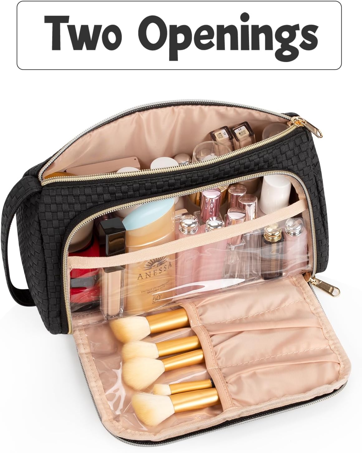 Makeup Bag, Small Cosmetic Bag with Makeup Brush Comparment, 2 in 1 Cute Make Up Organizer Pouch for Women Girls, Portable Travel Toiletry Bag - Image 2